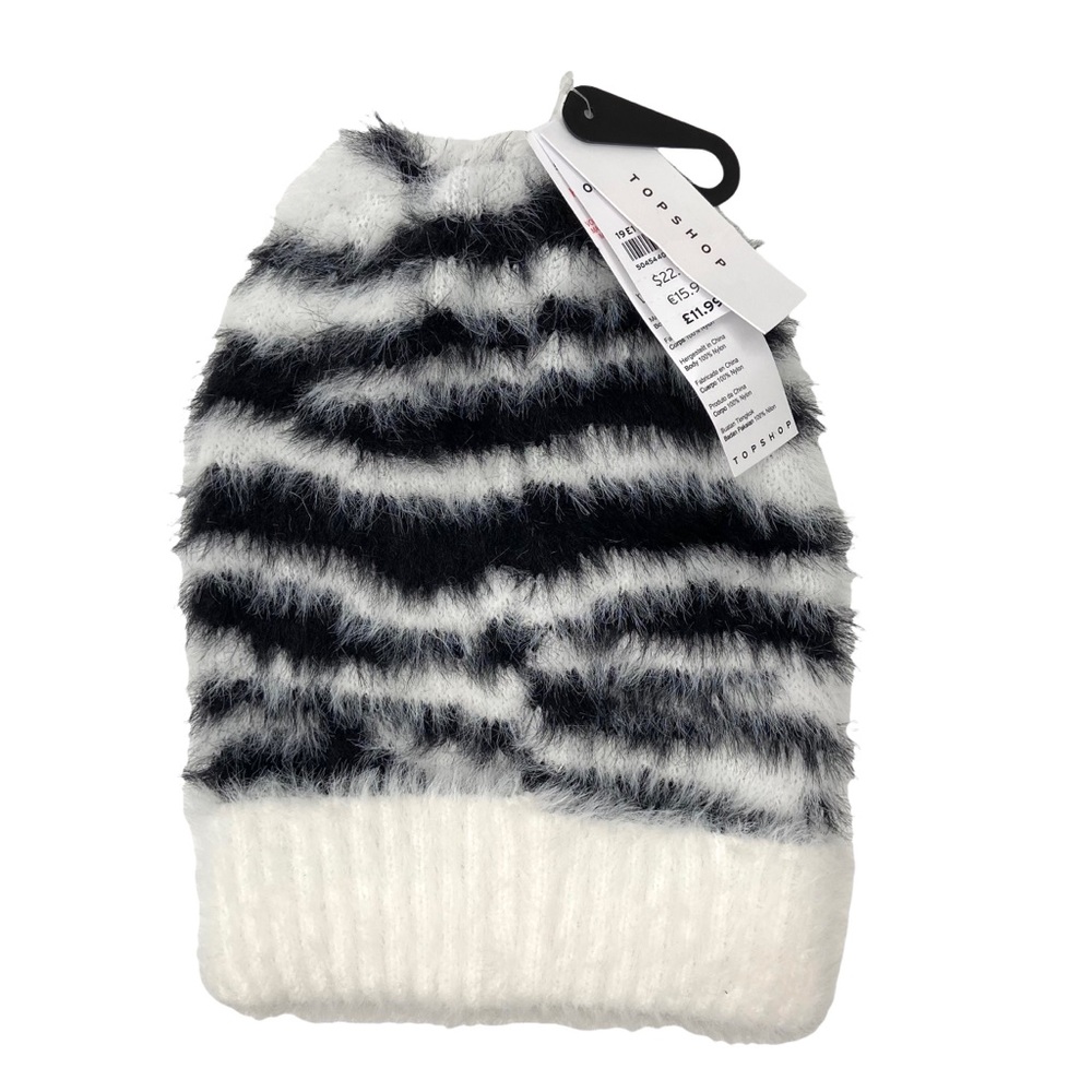 NEW Topshop Fuzzy Black Beanie Hat Soft Fluffy Pull On Black White One Size